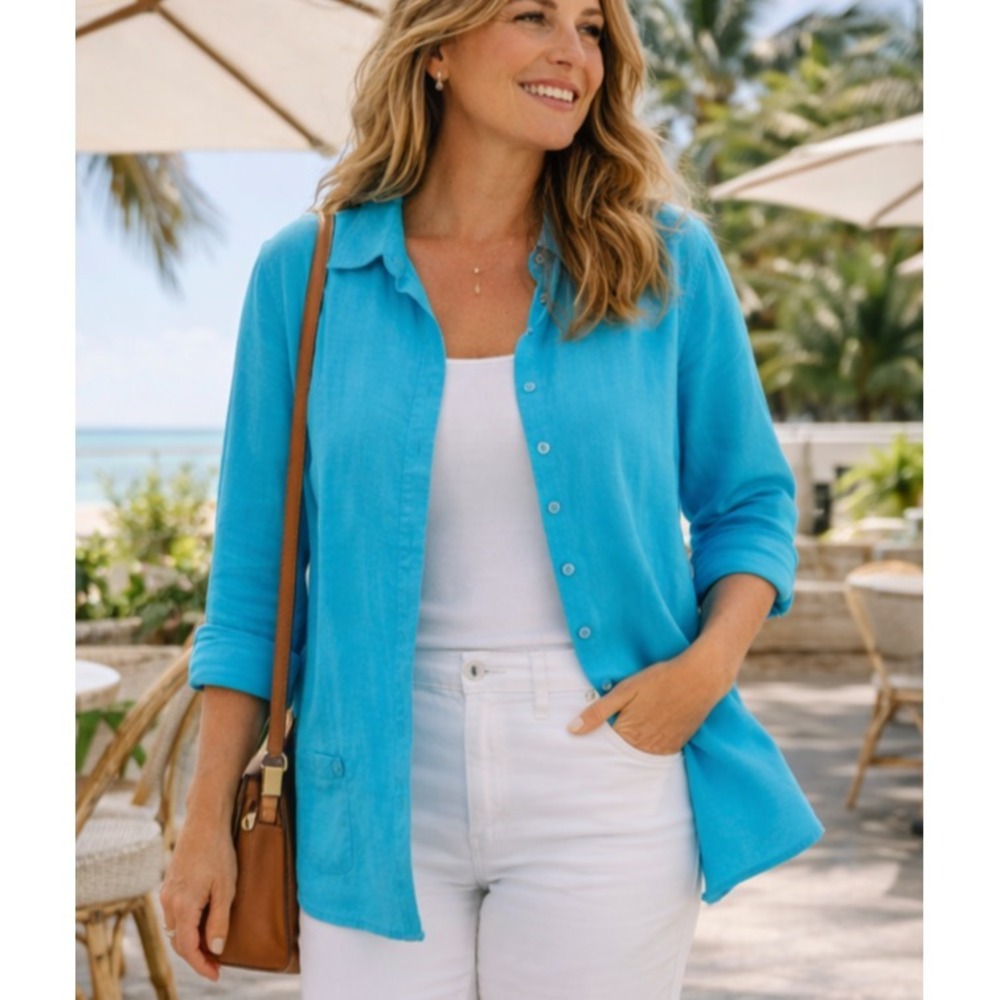 Talbots Womens Coastal Preppy Irish Linen Button Up Shirt Jacket Size L Shacket